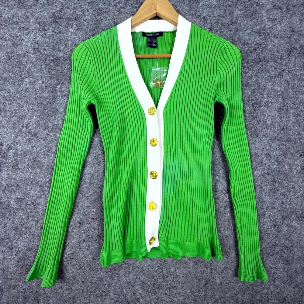 Boston Proper Cardigan Women Small Green Ribbed Country Club Preppy Button Front